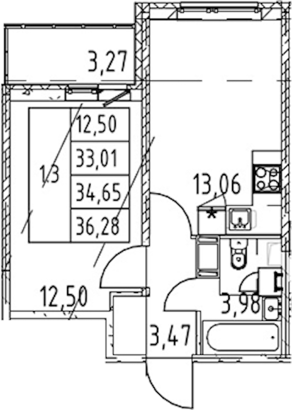 1-комнатная квартира 33.01 м², 5/12 эт., ЖК «Полис ЛАВрики»